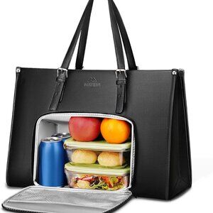 Laptop Tote Bag with Insulated Lunch Compartment, 15.6 Inch PU Leather Briefcase